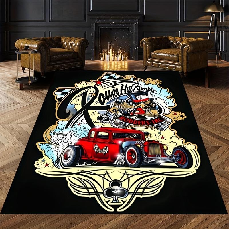 

Винтажный ковер с принтом Hot Rod, Коврик для пола House Rock Rumble Skulls для спальни, гаража, Ковер для мужской комнаты, Моющийся ковер 40x60cm