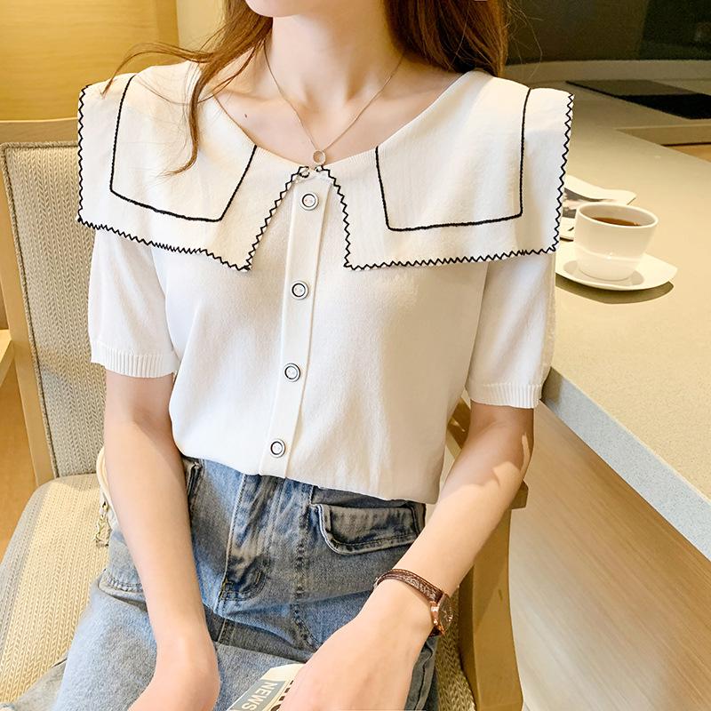 Pulover tricotat cu guler bleumarin de vară pentru femei Tricou Topuri cu mânecă scurtă cu nasturi Culoare uni cu dungi Alb liber