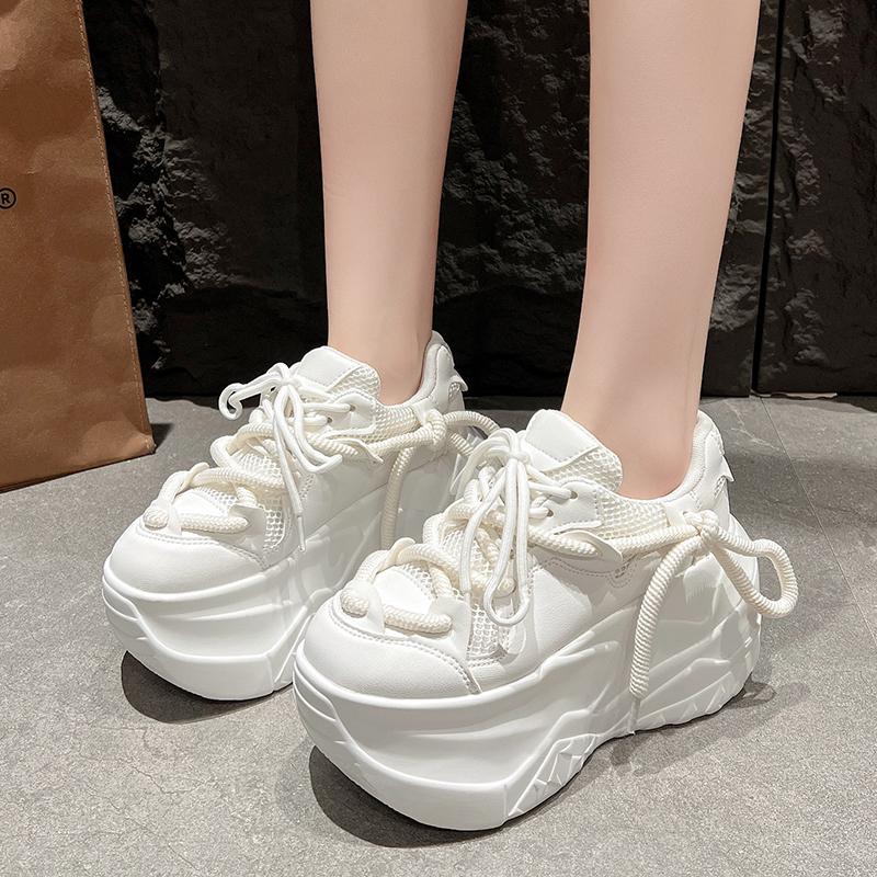 Fashion 9.5cm Heel Sneakers Mesh Microfiber Leather White Platform Sneakers for Women Chunky Platform Women Fashion Sneaker Shoes