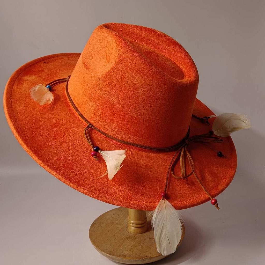 2026Bohemian style suede hat, brim 9.5 cm fedora with feather accessories, classic church hat, wide brim hat, women's hat