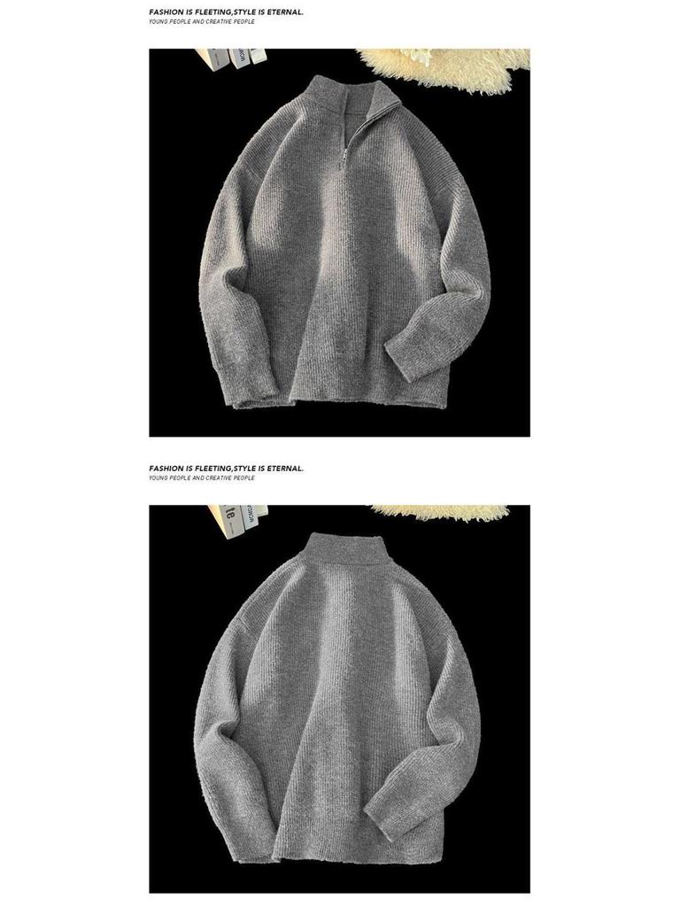 Zipper Korean Style Men's High Neck Pullover Sweater - Autumn/Winter Trendy Knitwear with Soft Texture.