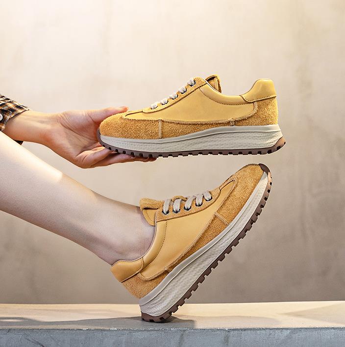 Fashion 4CM Spring Autumn Women Casual Sneakers Mixed Colors Genuine Leather Thick Bottom Lace-Up Lightweight Women Flat Shoes