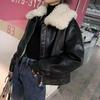 Women's Retro Black Leather Coat with Lambswool Collar - Autumn/Winter Fleece-Lined Motorcycle Jacket