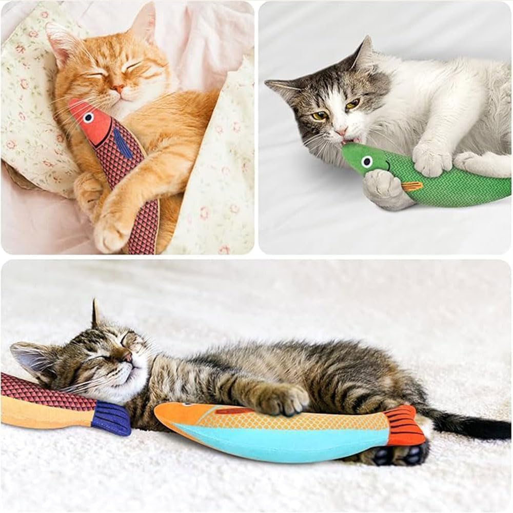 3-Piece Cat Plush Toy Set with Solitaire Play, Cat Pillow, Brushing Stick, Dog, and Mint Cat, Realistic and Cute Fish Shape, Natural, Safe, and
