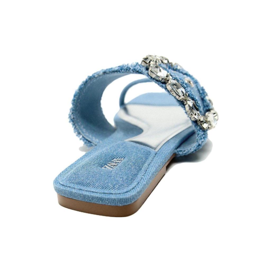 ZARA Denim Embellished Flat Slide Sandals Blue Womens 2648210043