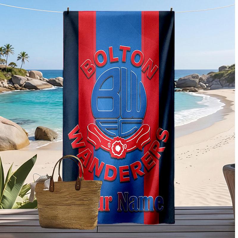 Bolton Wanderers FC Personalized Printed Beach Towel Soccer Logo Support Custom Name Text Absorbent Towel For Sport Travel Special Gift