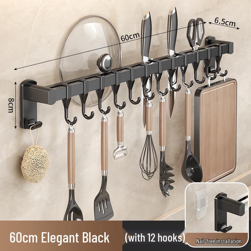 Black Traceless Adhesive Kitchen Storage Rack: Punch-Free Wall-Mounted Pot Lid, Knife Holder, Multi-Functional Hooks