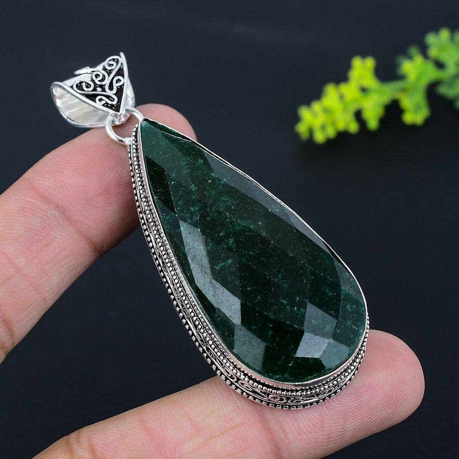 Emerald Natural Gemstone Handmade 925 Sterling Silver Pendant 2.88" F6H17