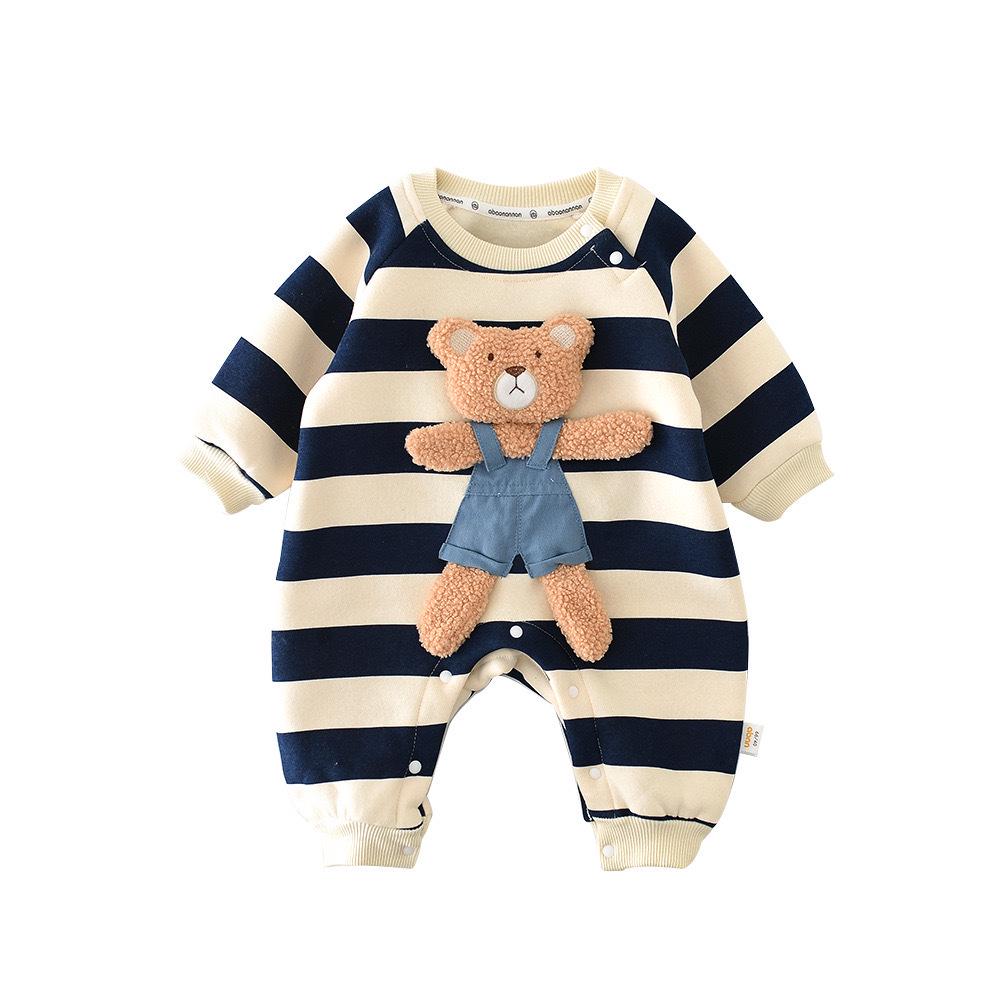 „Youyou Home Koreanischer Baby-Strampelanzug aus gestreiftem Fleece mit Bärenpuppen-Design für Frühling und Herbst.“