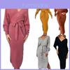 Elegant Women Winter Deep V-neck Knitted Sweater Dress With Cozy Long Sleeves