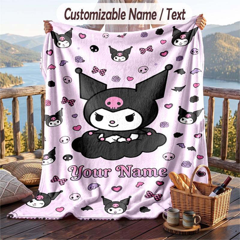 Custom Text Flannel Throw Blanket, Lightweight Cozy Bed Sofa BlanketKuromi