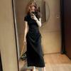 French gray short-sleeved dress women's new summer beautiful design sense drawstring waist slim skirt