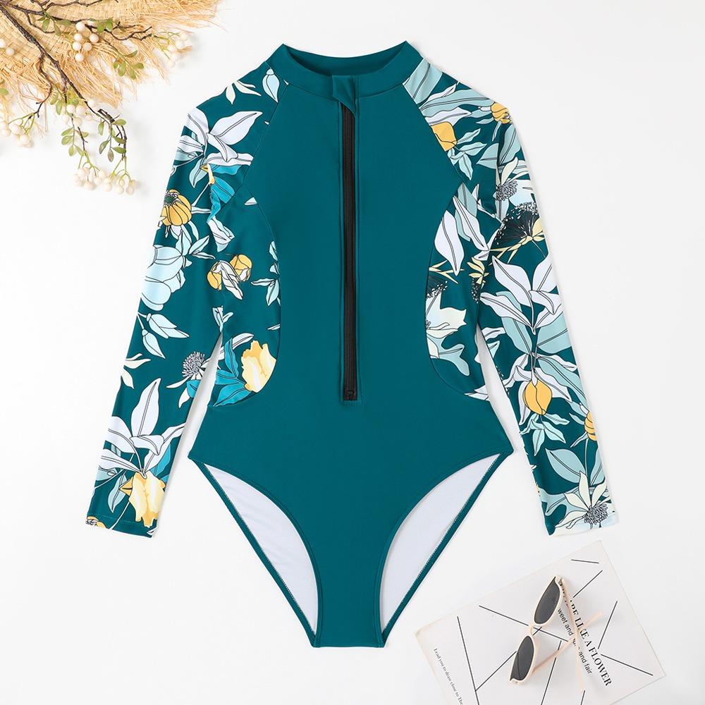 Diving Suit Printed Long Sleeve Sun Protection Slimming Zipper Triangle Women's Swimsuit