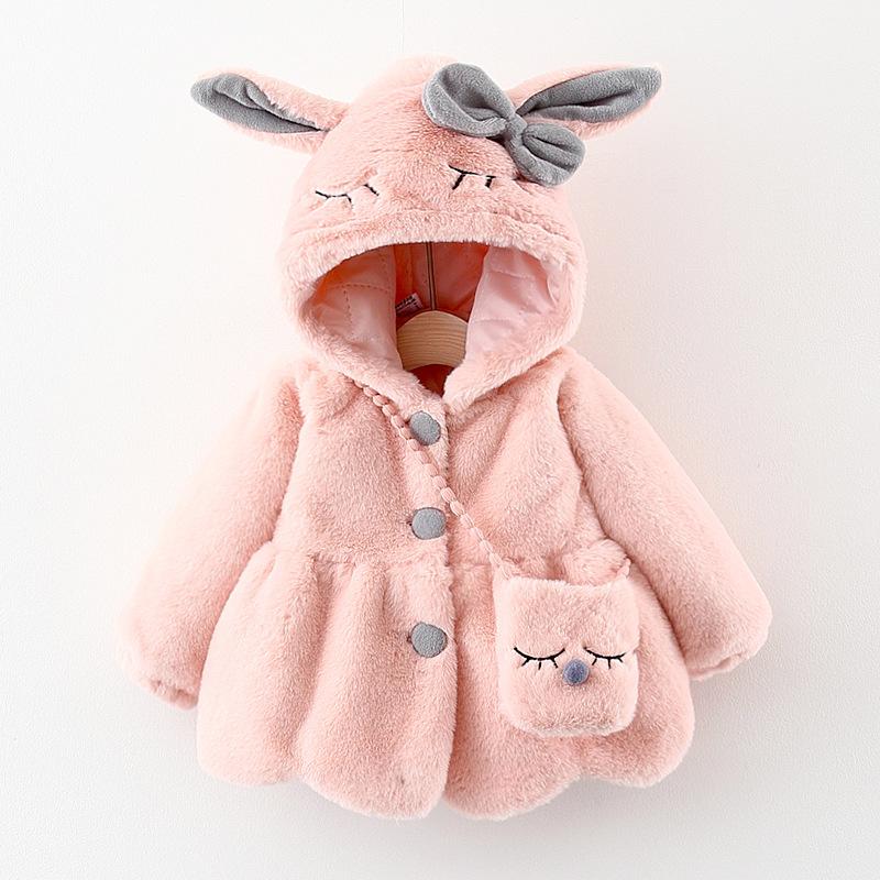 Winter Female Baby Cartoon Coat Hooded Female Infant Toddler Fur (free Bag)