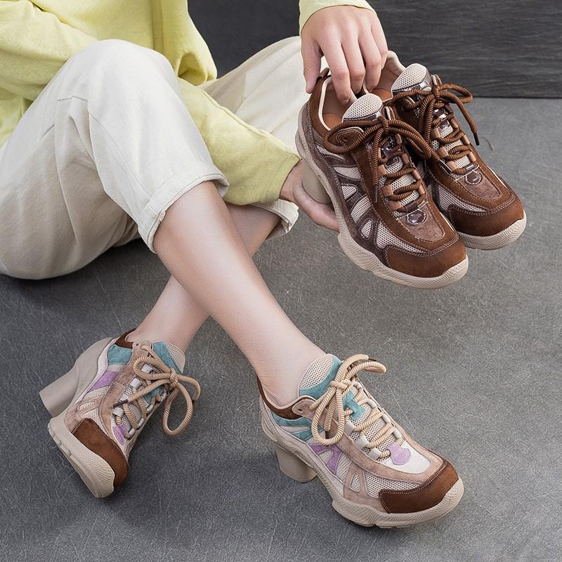 Johnature Fashionable Breathable Sports Style High Heels Mixed Colors Versatile Lace-up Women's Shoes