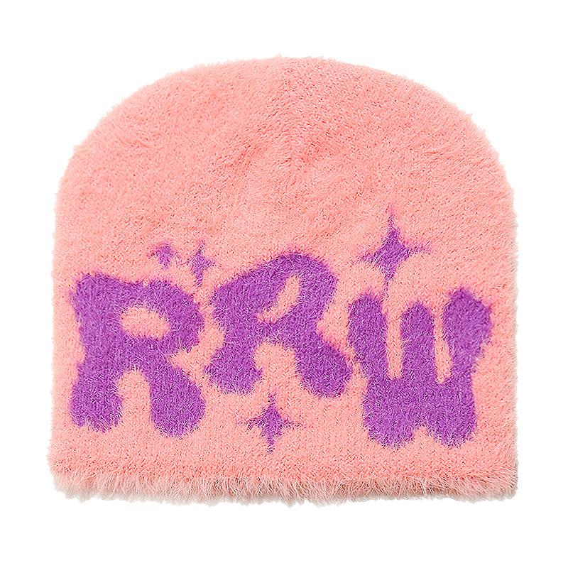 New plush letter beanie hat imitation mink hair beanie warm knitted hat women's winter