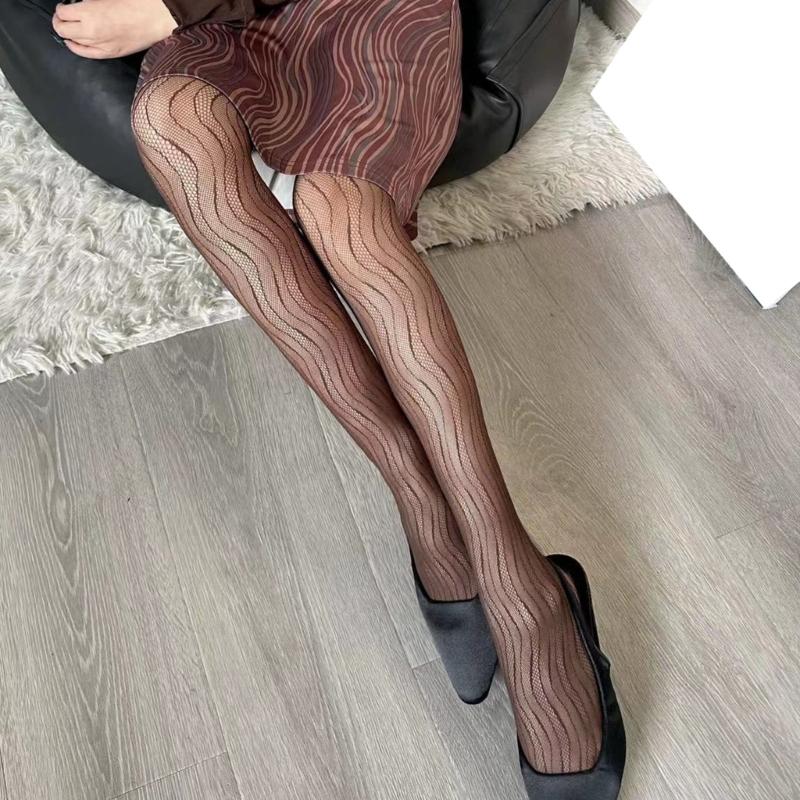 Women Sexy Hollow-Out Fishnet Pantyhose Water Ripple Striped Patterned Bottoming Leggings Fine Mesh Tights Stockings