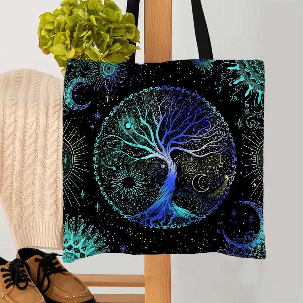 1PC Tree Of Life Tarot Tote Shoulder Bag Moon Phase Plants Bags Storage Handle Shopping Bag Portable Supermarket Bag Tote Bag