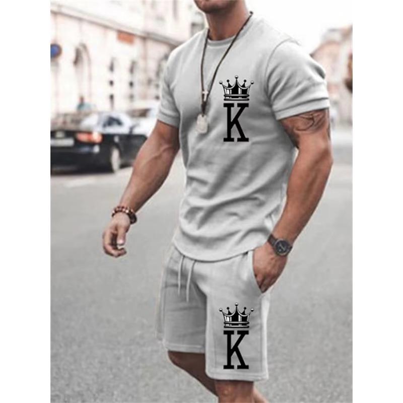 Abito casual da uomo estivo, due pezzi oversize, semplice, casual, streetwear, stampa king, abito da spiaggia, maglietta da uomo, pantaloncini, abbigliamento sportivo
