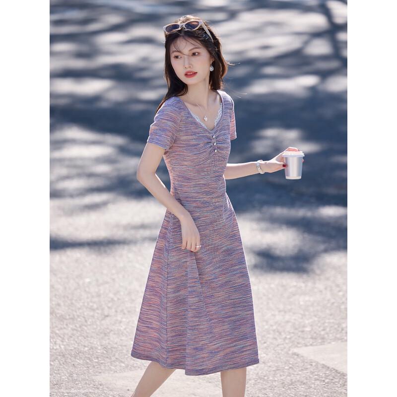 Abito lavorato a maglia da donna con scollo a V stile romantico francese