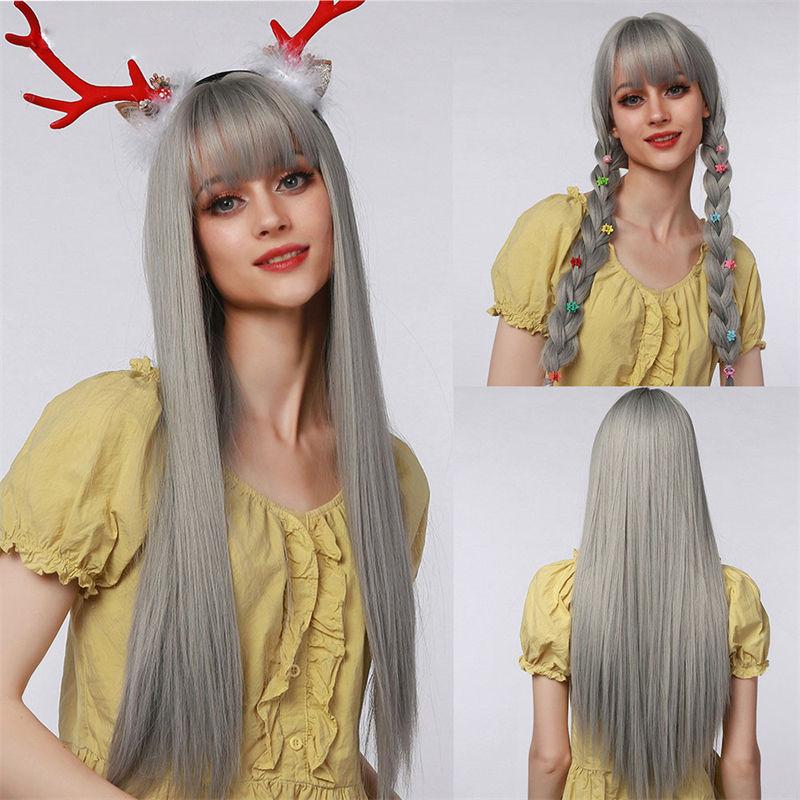 Cover Bangs Gradient Gray Long Silk Wigs High Temperature Chemical Fiber Wig Head Straight Hair