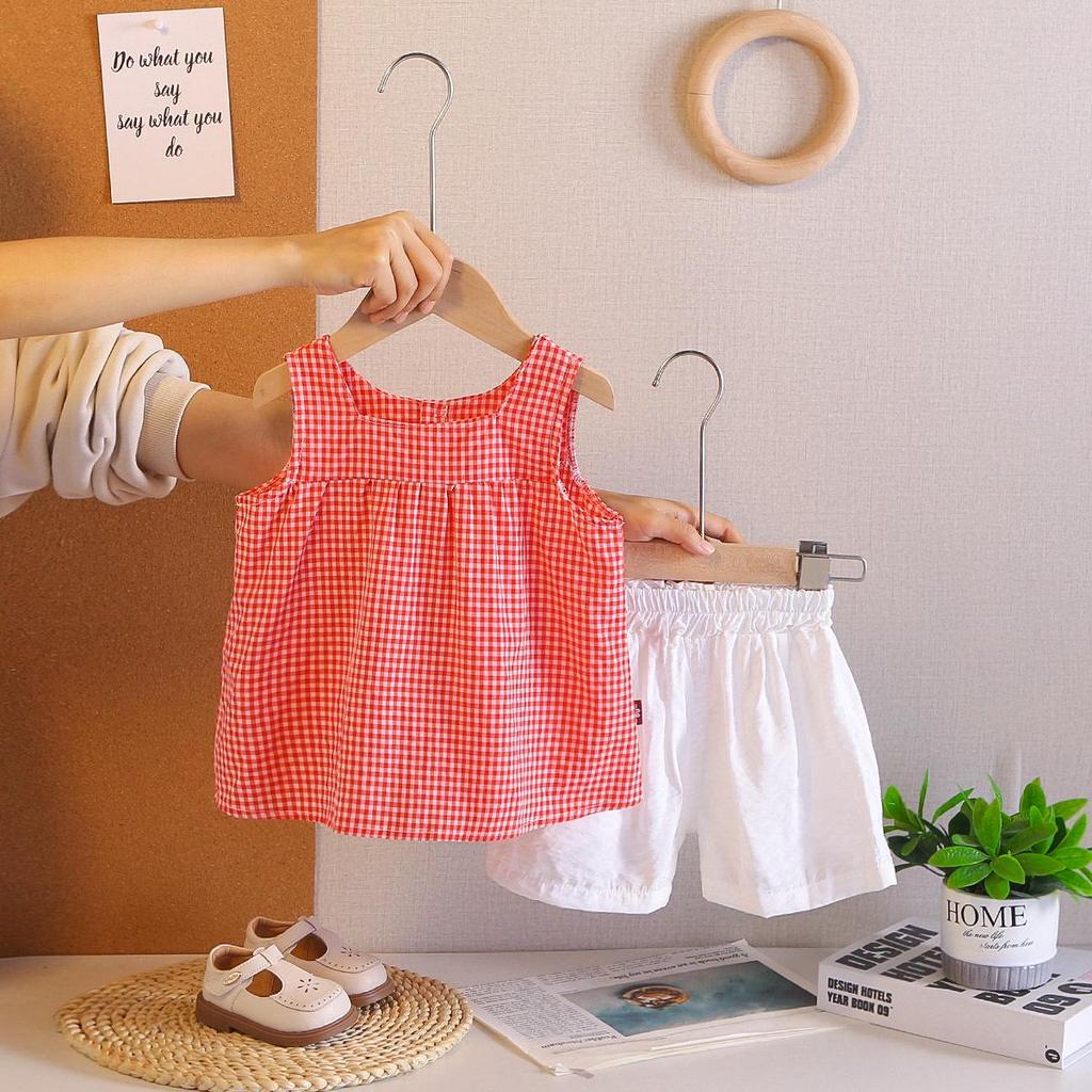 Girls' Houndstooth Summer Camisole & Cardigan Set with Lace Collar (2026 Korean Style)