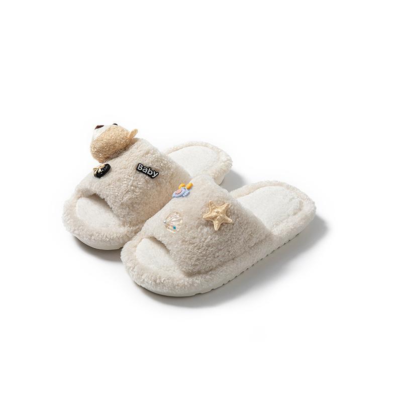 Bear open cotton slippers ins warm fluffy slippers cartoon contrasting plush slippers