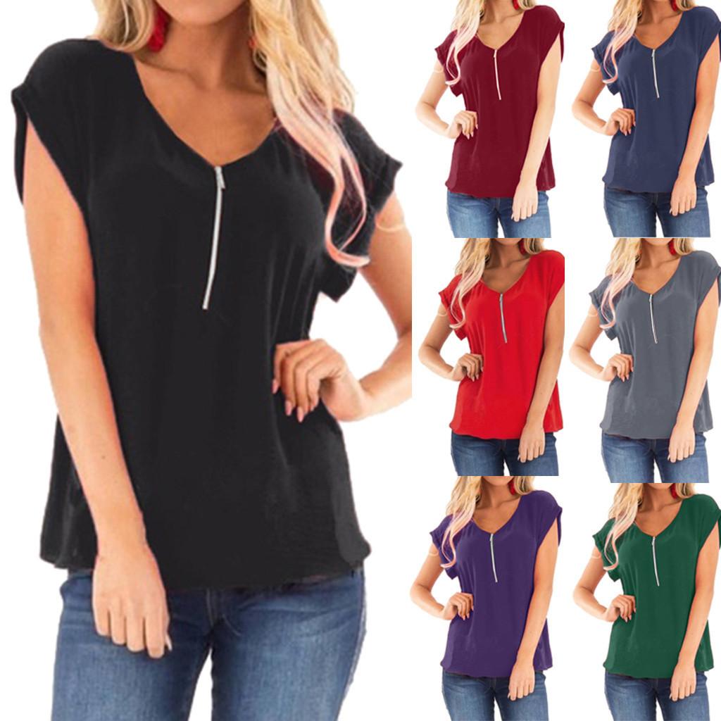 

Женская повседневная однотонная футболка с рукавами и застежкой-молнией, топы, блузка
