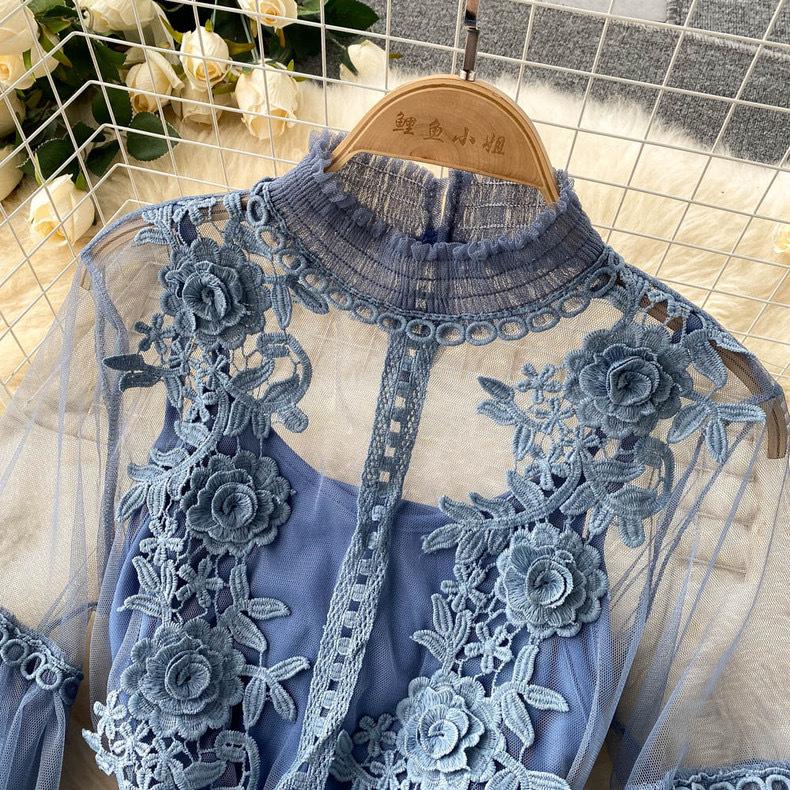 Women's Dress Three-dimensional Flowers Mesh Temperament Collar Lantern Sleeve High-waisted Dresses