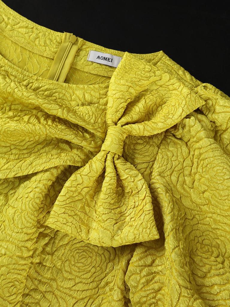 Plus Size Women's Jacquard Bowknot Puff Sleeve Slimming Party Dress