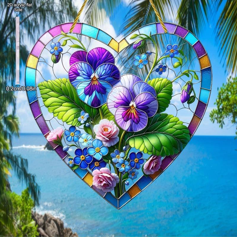 Colorful Gilly flower Heart-Shaped Suncatcher - Stained Glass-Style Glass Effect with Vibrant Floral Design, Perfect for Home & Garden Decor, Ideal fo