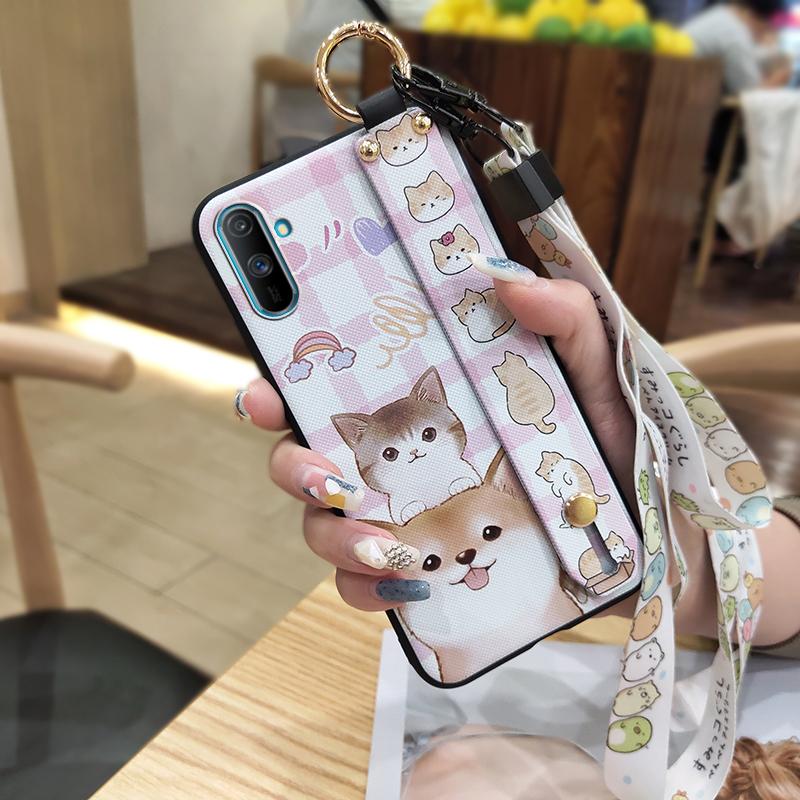 Phone Holder Fashion Design Phone Case For OPPO Realme C3/C3i/Narz N10A Wrist Strap Cute Kickstand Anti-knock Silicone