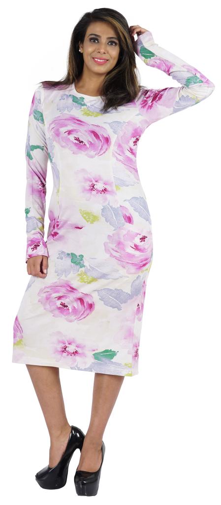 Bimba Printed Long Bodycon Dress With Pockets For Women Full Sleeves Dress Midi