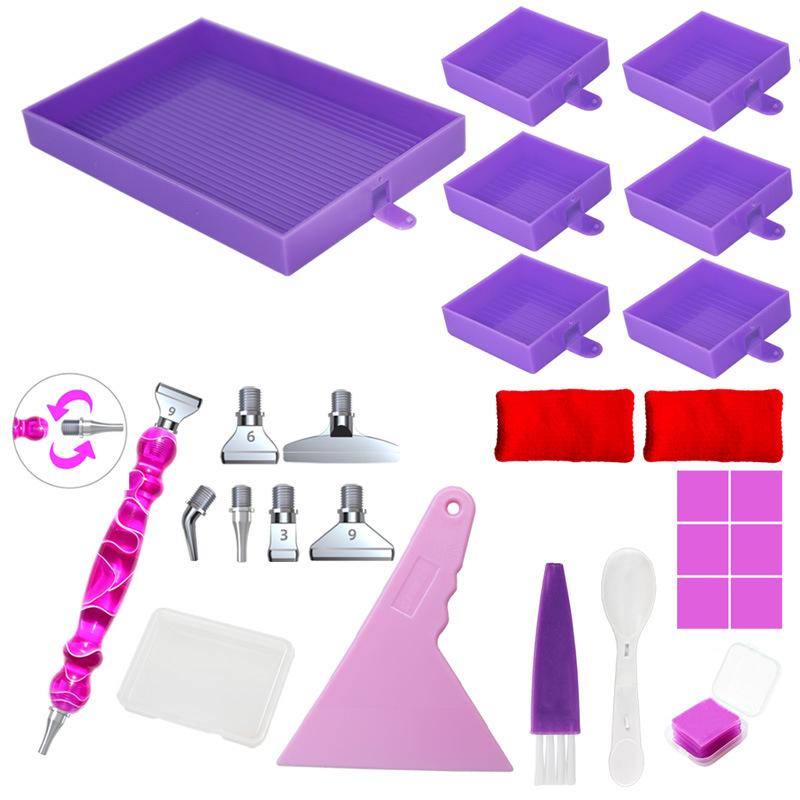 Diamond Painting Tray Tool Kit with 6 Ridged Sorting Trays Rotating Pen Wax Pads Scraper Brush Spoon Storage Box for DIY Rhinestone Crafts