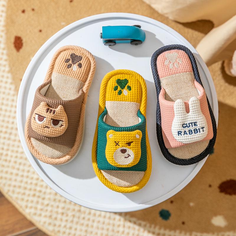 Children's Cute Cartoon Non-slip Linen Slippers - Spring Autumn Indoor Home for Boys & Girls, Parent-Child Four Seasons Wear