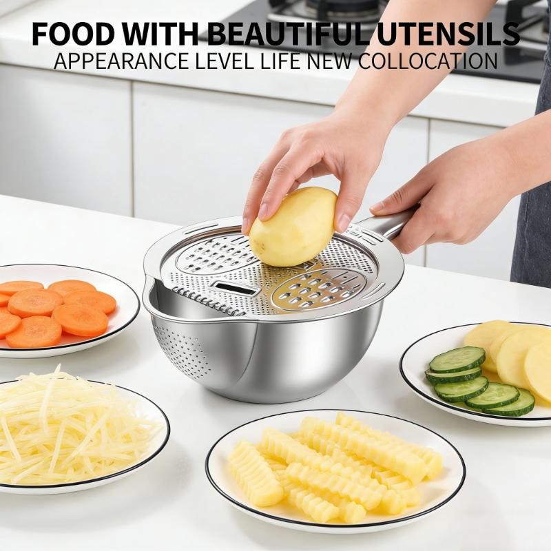 Steel Rice Washer Bowl with Side Drain Holes And Integrated Grater Small Colander for Cleaning Vegetable Bean Kitchen