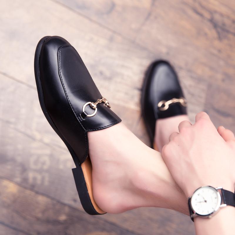 Fashion UImmer Couple Half Slippers Men Shoes Flat Heels British Fashion Metal Buckle Outdoor Slippers PU Business Slippers Size 36-45