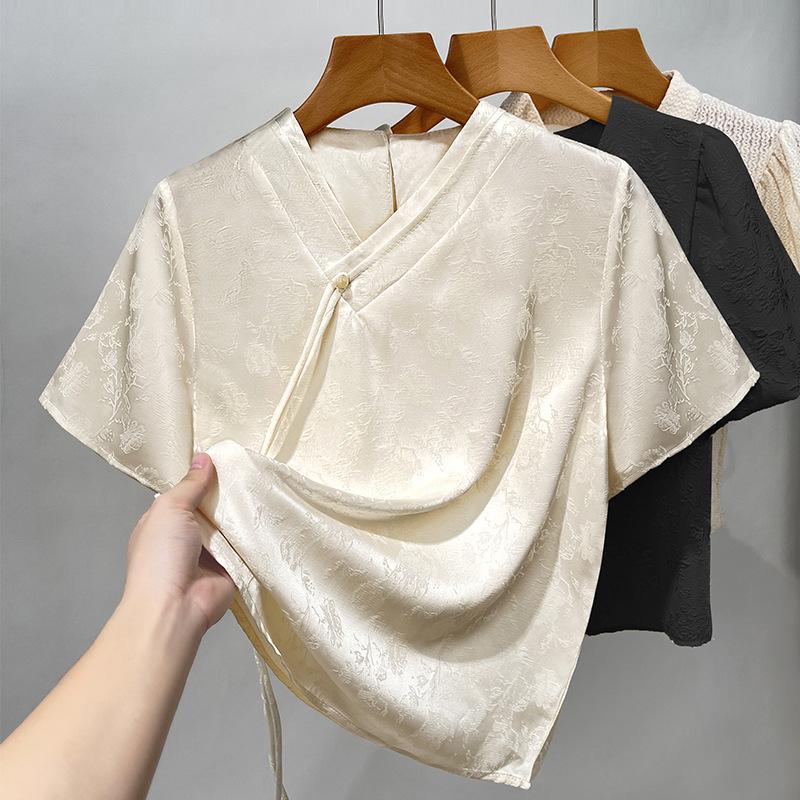 New Chinese V-neck Chiffon Shirt for Women New Women's Thin Satin Short-sleeved Shirt for Old Qian Style National Style Top