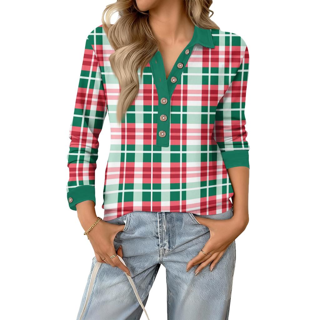Women's Retro Street Lazy V,neck Long Sleeve Button Plaid Print Pullover Top