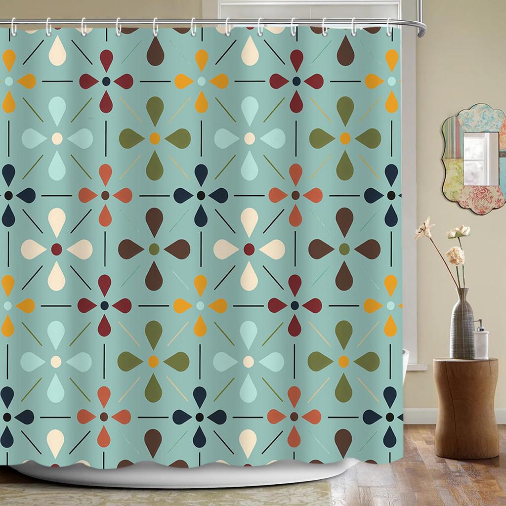 Mid Century Modern Shower Curtain, Geometric Abstract Bathroom Decor Set With Hooks, Waterproof Washable Retro Fabric Decor