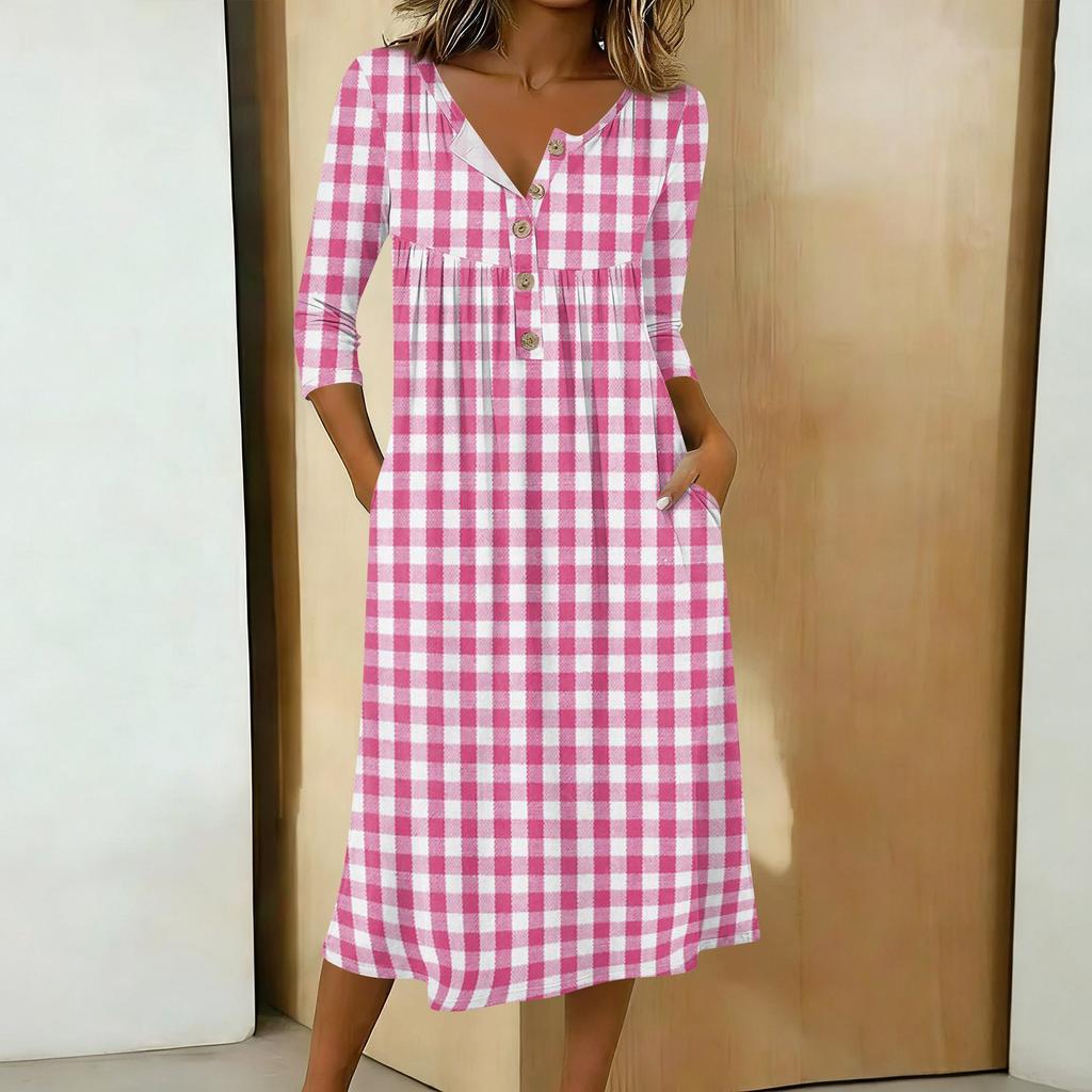 Women's Fashionable Color Printed Round Neck 3/4 Sleeve Button Collar Mid Length Casual Dress