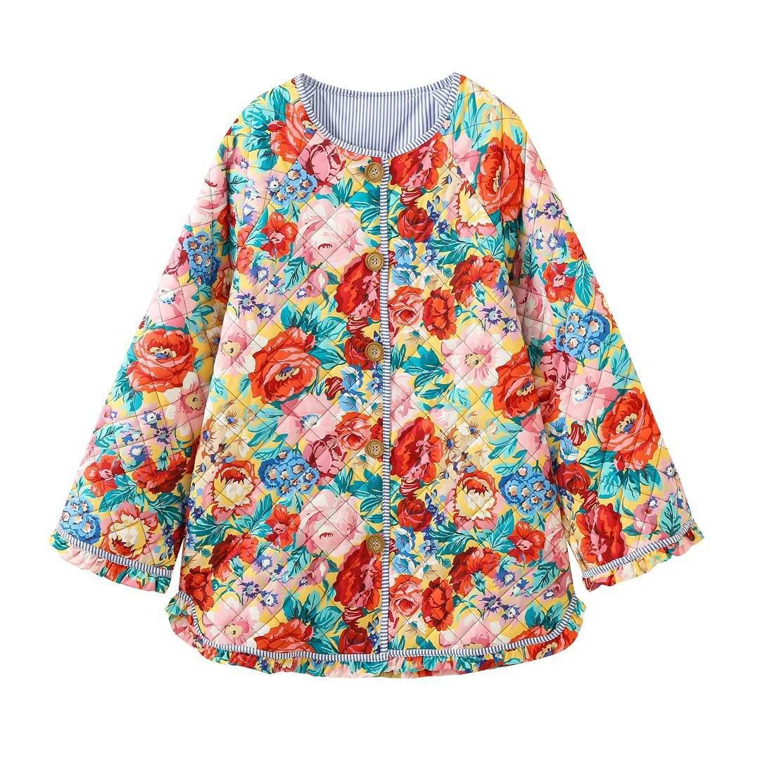 

2024 Autumn/Winter Women s Cotton Jacket - Round Neck, Printed Flare Sleeve, Color Block Patchwork. M