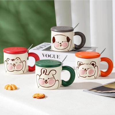 Cute Animal Milk Fufu Ceramic Cup Cartoon Mug with Lid Spoon for Girls Water Cup Household Coffee Cup Milk Cup
