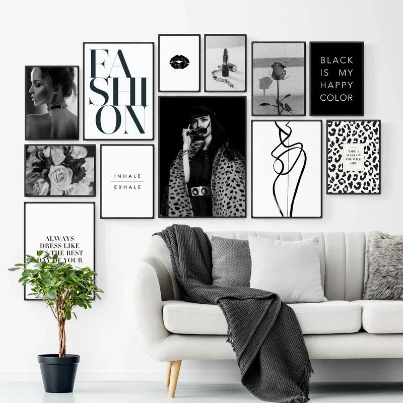 Fashion Black And White Sexy Poster Flower Women Motivational Text Minimalist Canvas Painting for Living Room Modern Home Decor