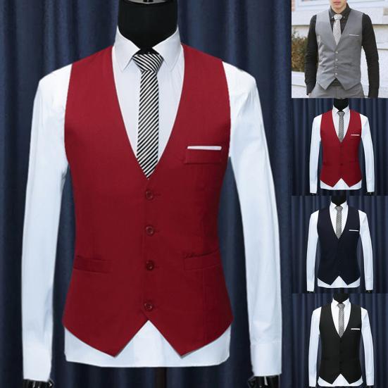 Moda Ofis Erkek Düz Renk V Yaka Kolsuz Düğmeli Yelek Slim Fit Yelek