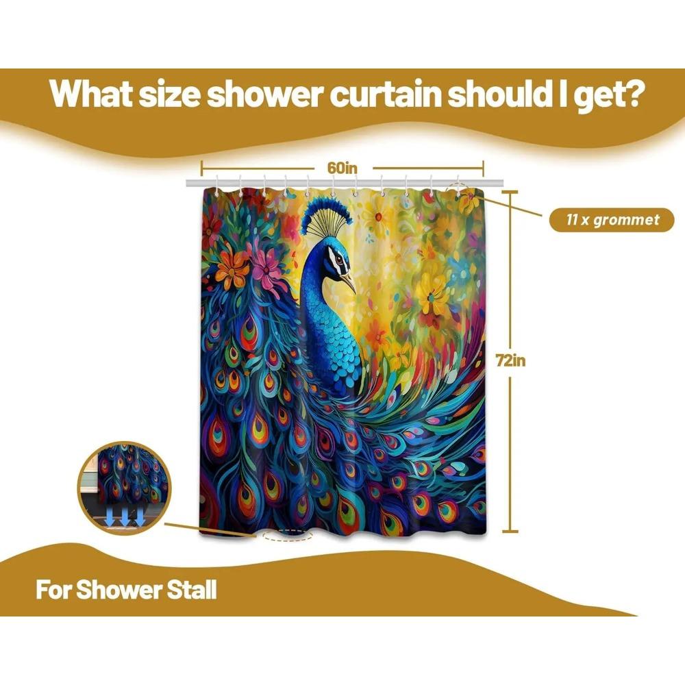 Peacock Printed Shower Curtain Blue Bird Watercolor Feather Floral Art For Bathroom Decor