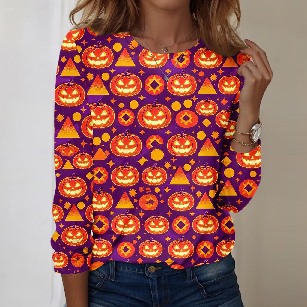 Women Casual Long Sleeve Pullover Sweatshirt Halloween Pumpkin Print Round Neck Top Lightweight Comfortable Fit