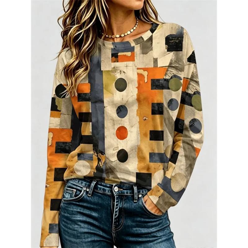 Fashion Women's Crew Neck Long Sleeve 3D Casual Color Printing Casual Long Sleeve Crew Neck T-Shirt