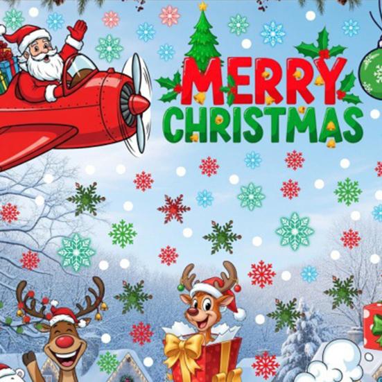 8 Sheets/Set Christmas Window Stickers Non-adhesive Snowflake Santa Claus Window Decals Reindeer Penguin Snowman Static Clings for Indoor Outdoor