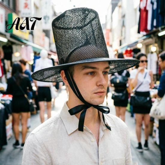 Magician Pointed Hat Vintage Korean Gat Hat, Black Mesh Wide Brim Joseon Dynasty Comfortable Halloween Scholar with Neck Strap, Cosplay